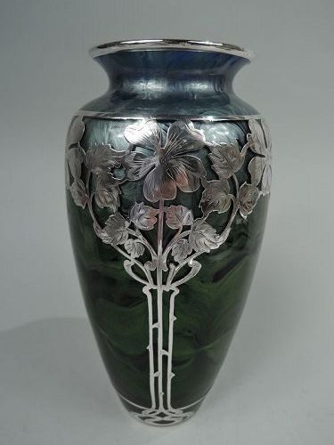 Beautiful Loetz Titania Art Nouveau Vase with Floral Silver Overlay