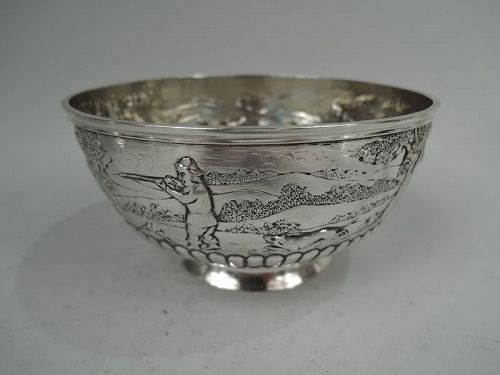English Victorian Sterling Silver Bowl with Rural Fox Hunt Scene