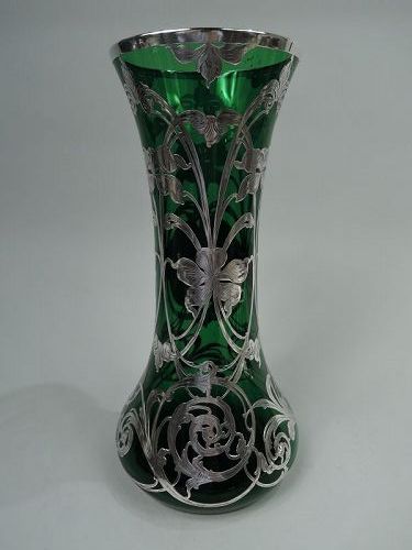 Tall American Art Nouveau Classical Green Silver Overlay Vase