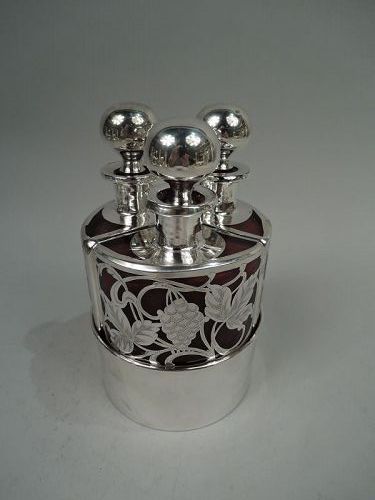 Antique American Art Nouveau Silver Overlay Red 3 Bottle Perfume Set