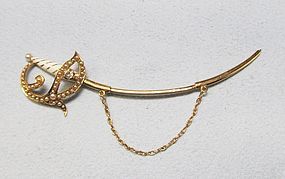 Victorian 14Kt Gold Saber Cloak Pin with Seed Pearls