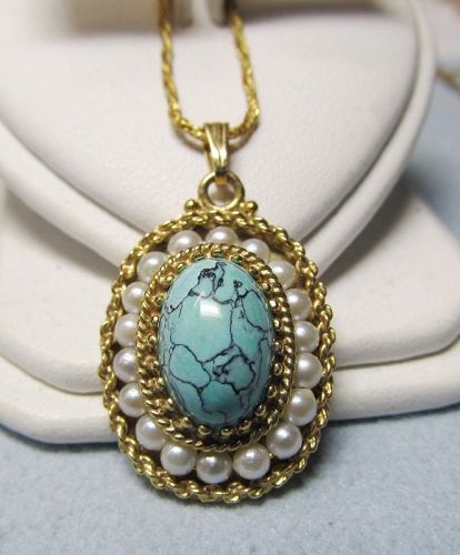 Turquoise and Pearl Pendant 14Kt Gold