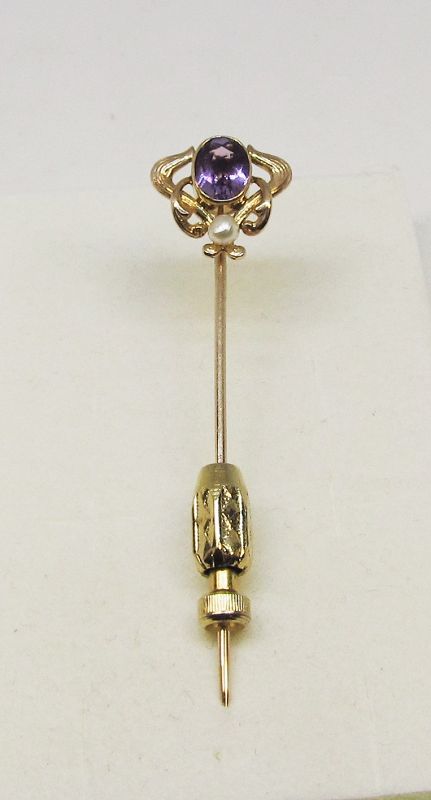 Amethyst Stickpin Art Nouveau 14Kt Gold