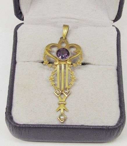 Victorian Amethyst and Seed Pearl Pendant 10Kt Gold