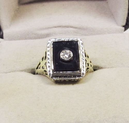 Onyx and Diamond Ring 14Kt Two Tone Gold 1920-s Antique