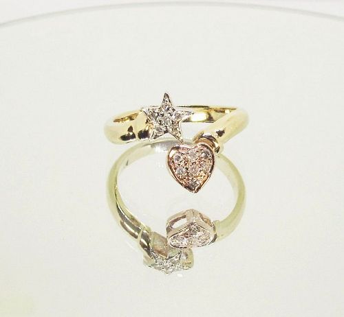 Heart and Star Diamond Ring 14Kt Tricolor Gold