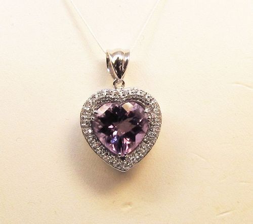 Heart Shaped Amethyst and Diamond Pendant 14Kt White Gold