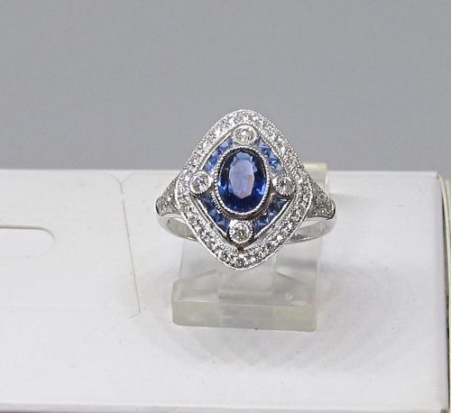 Art Deco Style Sapphire and Diamond Ring 18Kt White Gold