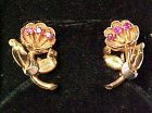 14KT PINK GOLD RETRO FLOWER EARRINGS WITH RUBIES