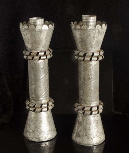 9" rare set of 2 William Spratling Mexican Deco tin Candleholders