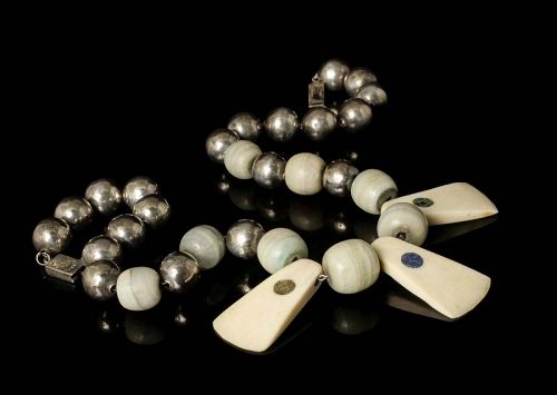 Reveriano Castillo Mexican silver bone and stone beads tribal Necklace
