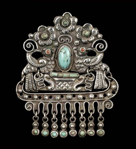 early Matl Salas Mexican silver Pin Brooch ~ palomas, turquoise, coral