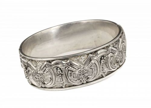 vintage Portuguese silver architectural hinged Bangle Bracelet