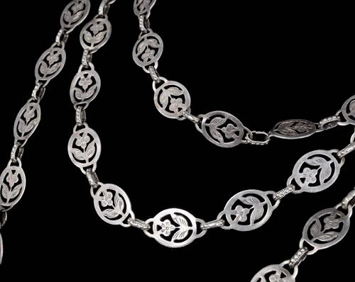 57" antique Edwardian silver Guard Chain with dog clip