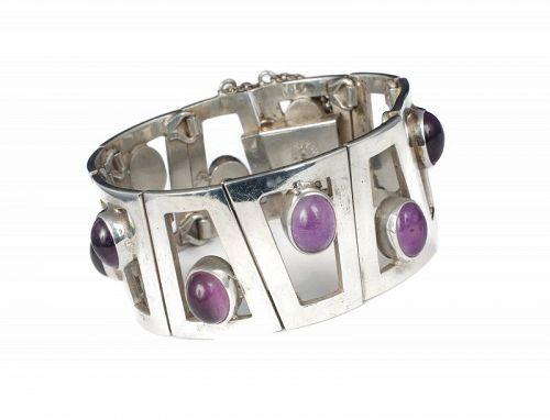 heavy Mexican silver and amethyst modernist Bracelet