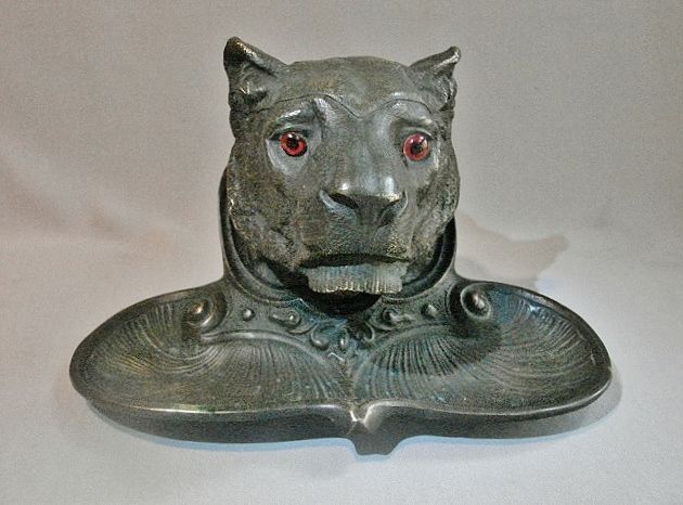 Bronze Inkwell Lion Head - 19th Century Finely Detailed.