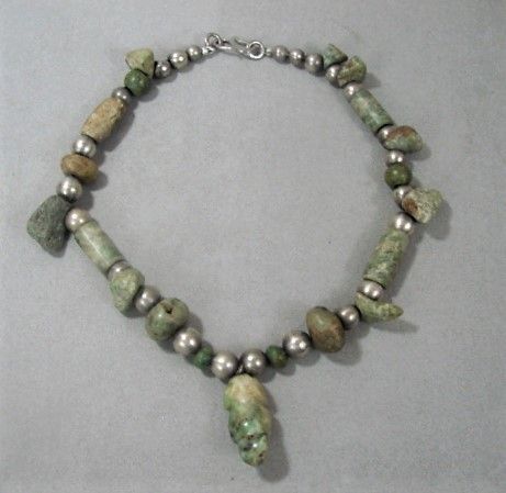 Pre-Columbian Greenstone and Jade Necklace w Silver Beads