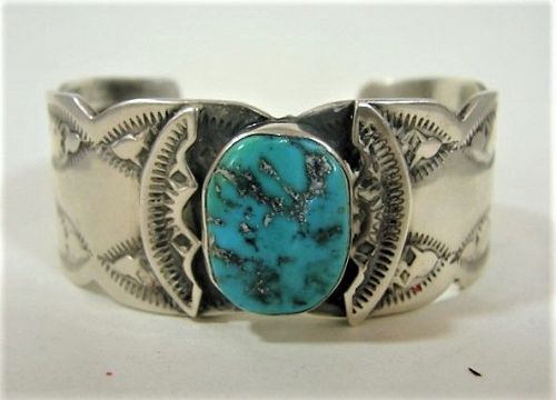 Interior Stamped Silver and Turquoise Bracelet - Signed - Hand Wrought
