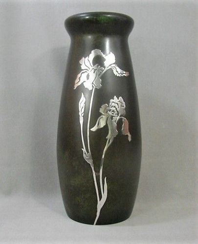Large 11 3/3" Heintz Art Metal Vase -Bronze Verde Silver Iris - 1905