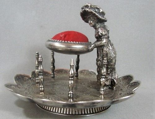 James Tufts Silver Plate Sewing Caddy -  Kate Greenaway Figure - 1880