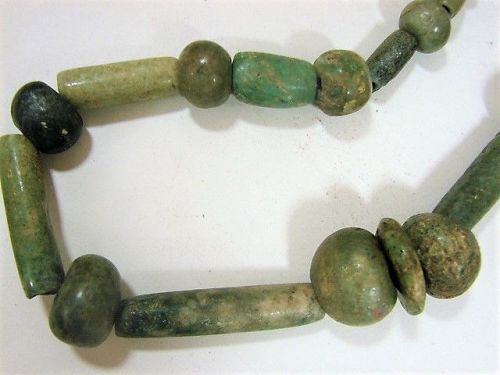 22" Greenstone Precolumbian Necklace - 32 Round and Tubular Beads