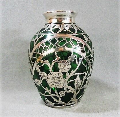 Sterling Overlay on Emerald Glass Vase - 5 1/8" - Perfect!