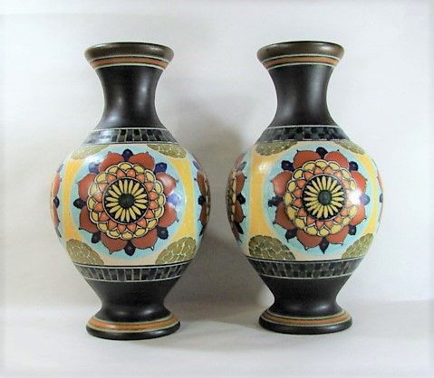 12" Pair Gouda Vases - Matte Glaze - Striking Design