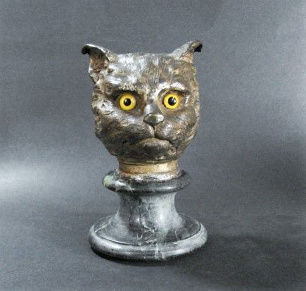 Cat Head with Glass Eyes, Silvered Metal on Green Marble Pedestal