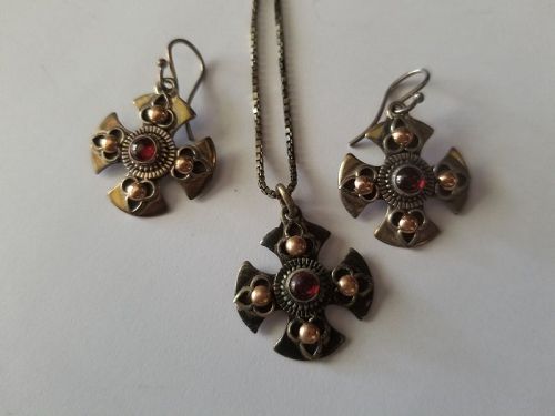 Garnet, Silver, and Gold Necklace & Earrings