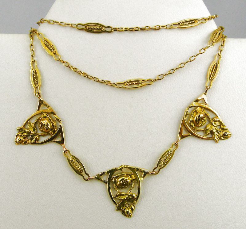 French Victorian 18K Gold Fancy Link Filigree Chain, Antique Necklace