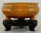 10" Dia. Chinese Qing Amber Tripod Porcelain Incense Burner Censer