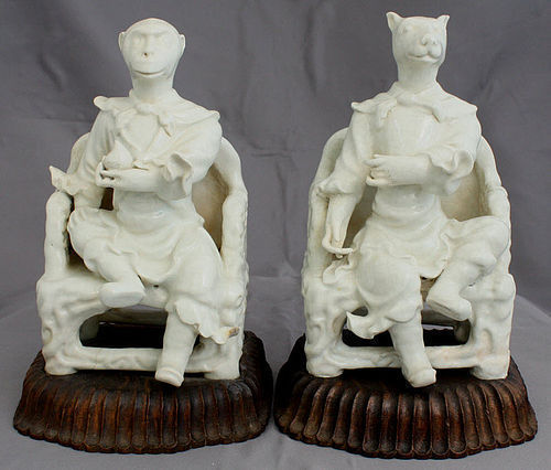 Two Chinese Qing Qianlong White Porcelain Zodiac Figures Dog Monkey