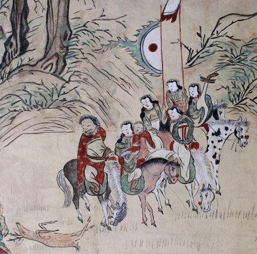 Antique 8-fold Korean Screen Ink & Color on Paper Mongol Tiger Hunt