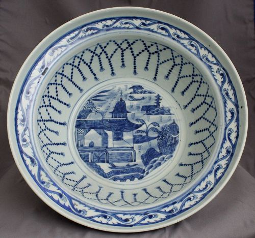 Large Chinese Qing Blue & White Canton Export Porcelain Basin Bowl
