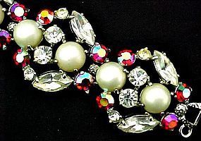 Stunning Schiaparelli  Faux Pearl and AB Rhinestone Bracelet