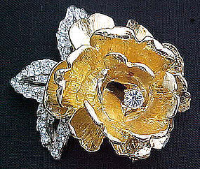 Beautiful Two Color and Rhinestone Rose Brooch