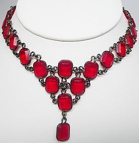 Art Deco Style Bright Red Glass Necklace