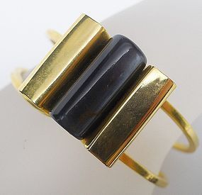 Gold Colored Hinged Bangle with Simulated Jade Center