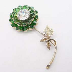Large Green and Clear Rhinestone Flower Pin