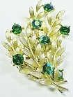 Brooch with Golden Leaves & Green Rhinestone Flowers