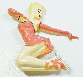 Whimsical Celluloid Ice Skating Brooch - 1940s