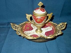 Porcelain Inkwell on Stand; Bronze Mount