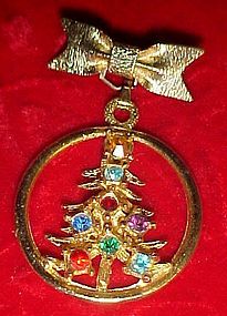 Rhinestone Christmas tree pin with bow