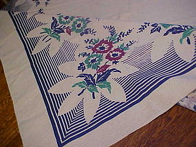 Vintage cotton print tablecloth Blue green burgundy