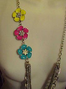Long enamel Rhinestone  flowers with chains necklace
