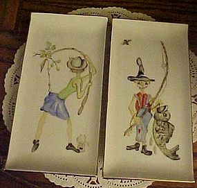 Vintage pr hand painted fishing man & woman dishes