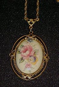 1928 Jewelry Co. porcelain hand painted rose pendant