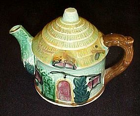 Vintage Japan green thatched cottage ceramic teapot