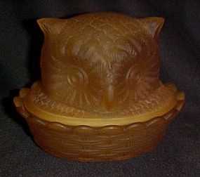 L. G. Wright  Gold satin glass covered owl dish