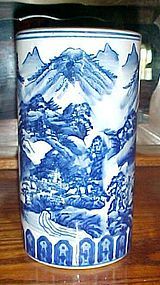 Vintage Asian blue and white cylinder vase